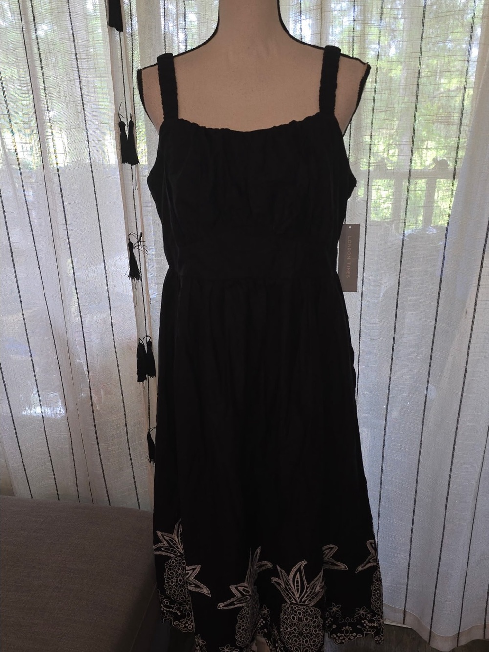London Times Black Maxi Dress with White Pineapple Trim